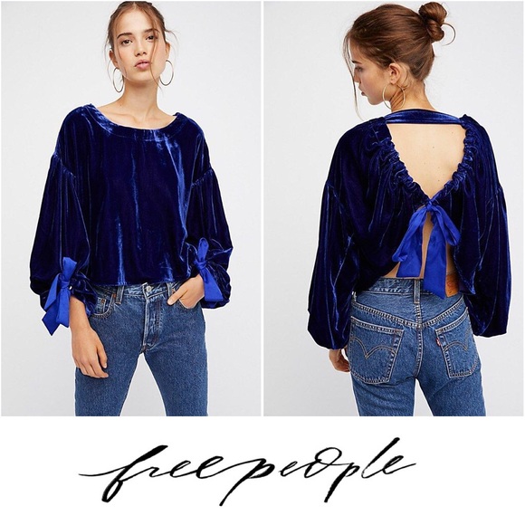 Free People Gimme Some Lovin Velvet Blue Top - Picture 2 of 5